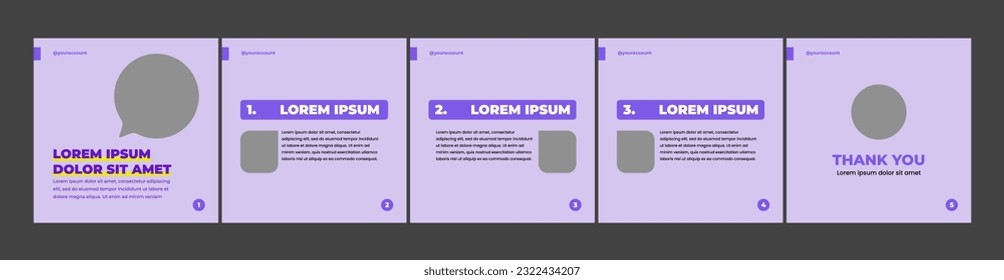 conjunto de plantillas creativas de carrusel o microblog para publicaciones en medios sociales. plantilla de medios sociales con tema púrpura