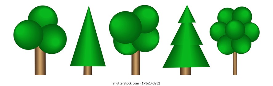 Set of creative cartoon 3d tree icons isolated on white background. Abstract forest from geometric shapes. Plants created by the Blend tool