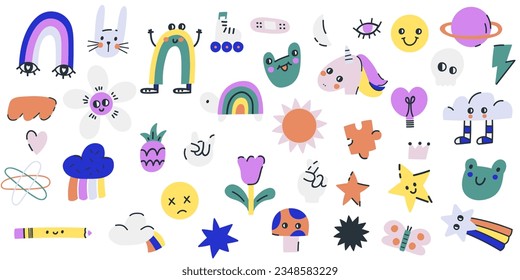 Set of creative cartoon elements stickers. Modern kids design badges. Vector collection