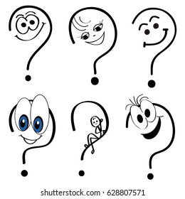 Set of Creative Cartoon Question Marks. Emoji Smiley Faces Collection Vector