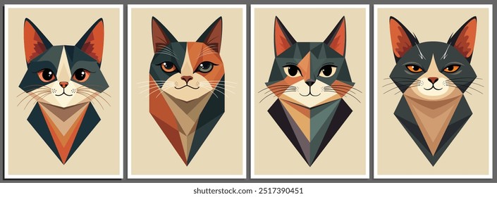 Conjunto de retratos de gato criativo em desenho estilo boho geométrico minimalista com formas abstratas. Meados século moderno parede arte imprimir cartaz, decoração de casa, lona moderna, cartão postal. Ilustração vetorial