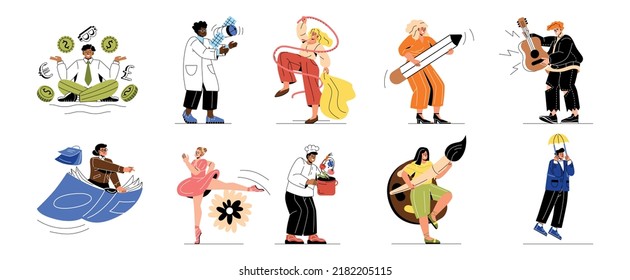 Set of creative characters and their activity. Men and women dance, draw, play guitar, cook, read book and make scientific discoveries. Different hobbies or professions. Cartoon flat vector collection