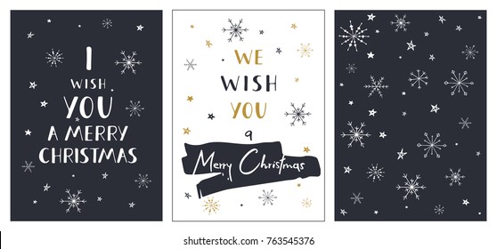 Set of creative Christmas cards with hand drawn lettering. We wish you a Merry Christmas. Vector template for invitations, greeting scrapbooking and congratulations. Winter posters set.