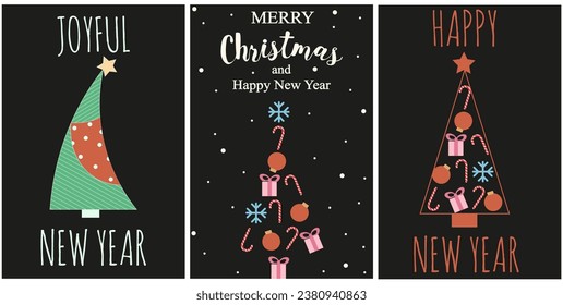 Establezca una tarjeta de felicitación creativa de Navidad con árbol de navidad geométrica sobre fondo negro. Celebración de moda postal navideña con formas geométricas modernas para las páginas web. Ilustración vectorial.