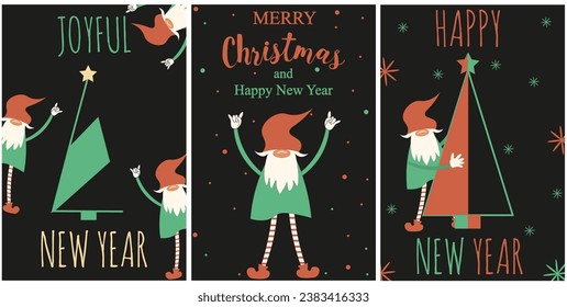 Set creative Christmas greeting card with Geometrical xmas tree and Elf on black background. Trendy celebration Christmas postcard with modern Geometric shapes and Santa claus. Vector illustration.