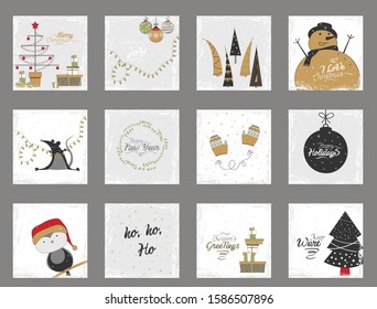 Set of creative  Christmas greeting card.Vector illustration. Christmas and Happy New Year templates. Template for Greeting Scrapbooking, Congratulations, Invitations, Stickers, Planners.