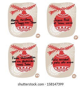 A set of creative Christmas labels. "Merry Christmas" in different languages (English, German, Spanish, French ). 