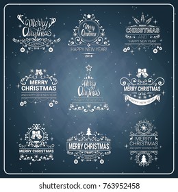 Set Of Creative Christmas And New Year 2018 Icon On Chalkboard Background Holiday Logos Collection Vector Illustraion