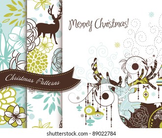 Set of Creative Christmas patterns with deers and flowers