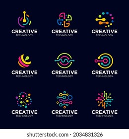 set Creative Circle Tech logo template, Advanced analysis data base Logo symbol. Development of artificial intelligence sign. Abstract innovative high tech logo template. Colorful round