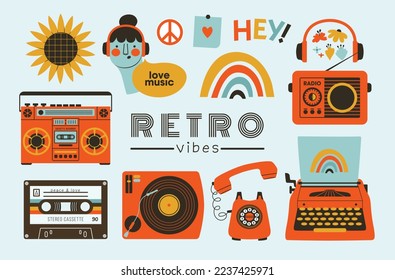 Set of creative clip arts with retro devices, cartoon face, flowers, lettering. Vector illustrations in flat style with objects of 60s, 70s, 80s, radio, cassette player, tape, headset, old phone, text