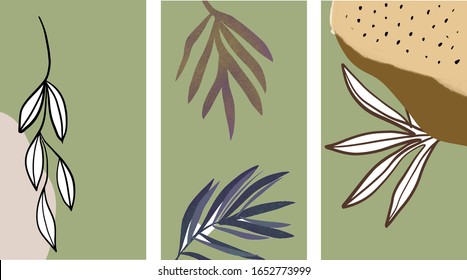 Set of creative collage templates with leaves. Abstract minimalist nordic poster for home decor. Simple social print media frame for promotion. Contemporary abstract shapes and scribble. 
