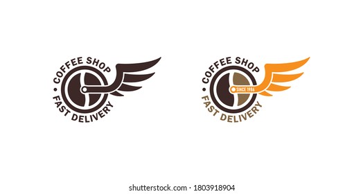 Set of creative color illustrations of coffee grain, wheel, wing and text on white background. Vector illustration in vintage style advertising a coffee shop and its delivery.