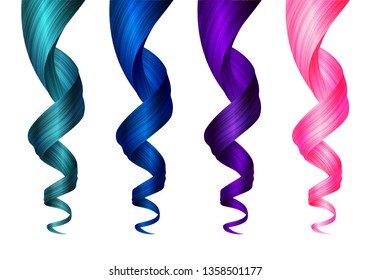 Set of Creative Colored Wavy Strands of Hair. Vector Realistic 3d Illustration. Design Element for Hairdressers, Beauty Salons, Hair Care Cosmetics, Shampoo, Conditioner or Hair Dye Packaging