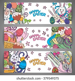 Set of creative colorful banners for Happy Easter. Cute Easter symbols in every poster. Bunnies, eggs, cakes drawn in stylish cartoon style. Greeting card design with congratulations. Vector