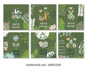 Set of creative colorful banners for Happy Easter. Cute Easter symbols in every poster. Bunnies, eggs, cakes drawn in stylish cartoon style. Greeting card design with congratulations. Vector