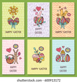 Set of creative colorful banners for Happy Easter. Cute Easter symbols in every poster. Bunnies, eggs, cakes drawn in stylish cartoon style. Greeting card design with congratulations. Vector