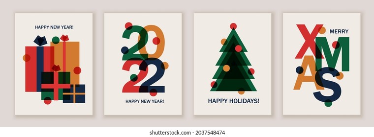 Set of creative colorful cards, flyers, posters for 2022 New Year. Numbers design. Christmas greetings. Modern minimal flat style.