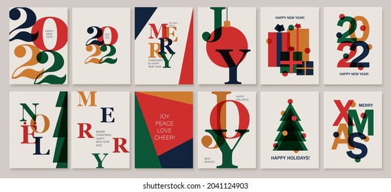 Set of creative colorful cards, flyers, posters for 2022 New Year. Numbers design. Christmas greetings. Modern minimal flat style.