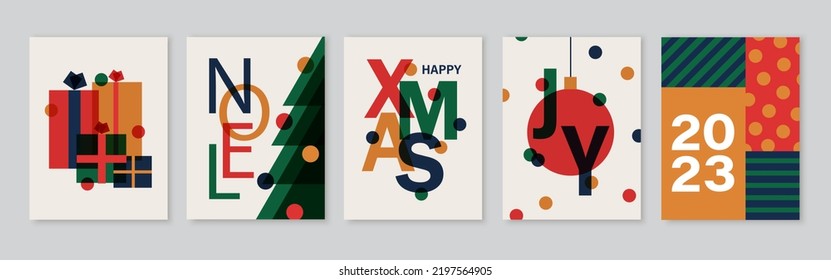 Set of creative colorful cards, flyers, posters for 20223 New Year. Numbers design. Christmas greetings. Modern minimal flat style.