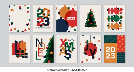 Set of creative colorful cards, flyers, posters for 2023 New Year. Numbers design. Christmas greetings. Modern minimal flat style.