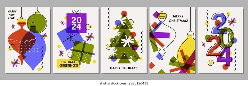 Set of creative colorful cards, flyers, posters for 2024 New Year. Numbers design. Christmas greetings. Modern minimal flat style. Festive prints design.