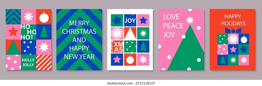 Set of creative colorful cards, flyers, posters for 2025 New Year. Christmas greetings. Modern minimal flat style. Geometric holiday design elements.