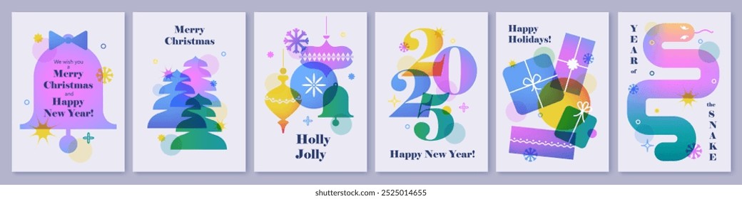 Set of creative colorful cards, flyers, posters for 2025 New Year. Numbers design. Christmas greetings. Modern minimal flat style. Bright colors. Snake, gift boxes, bell, Christmas trees.