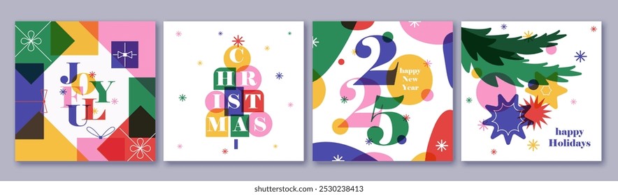 Conjunto de tarjetas coloridas creativas, volantes, carteles para el año Nuevo 2025. Diseño de números. Navidades saludos. Estilo plano minimalista moderno. Colores brillantes. Serpiente, cajas de regalo, campana, árboles de Navidad.