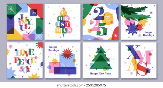 Set of creative colorful cards, flyers, posters for 2025 New Year. Numbers design. Christmas greetings. Modern minimal flat style. Bright colors. Gift boxes, letters, Christmas trees.