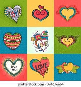 Set of creative colorful hearts for Happy Valentine's Day celebration.