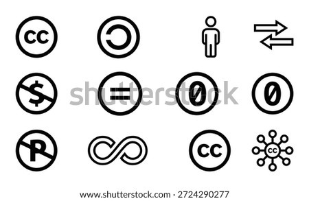 Set of creative commons signs and open source mark with commercial use rights. Isolated royalty free vector illustration.