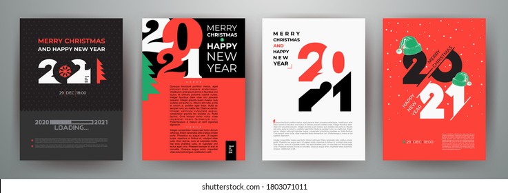 Set of creative concept of 2021 Happy New Year posters. Isolated design templates with typography logo for celebration and season decoration. Minimalist backgrounds for branding, banner, cover, card.