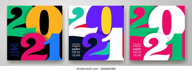 Set of creative concept of 2021 Happy New Year posters. Minimalist design templates with typography logo 2021 for celebration and decoration. Vector trendy backgrounds for branding, banner, cover.