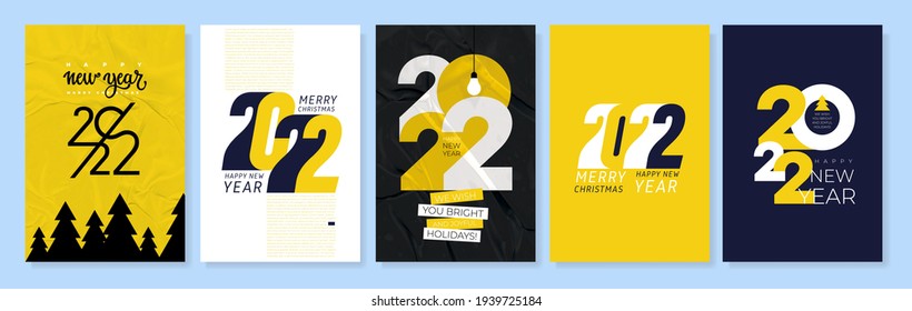 Set of creative concept of 2022 Happy New Year posters. Logo templates with typography design 2022 for celebration and season decoration. Vector trendy backgrounds for branding, banner, card.