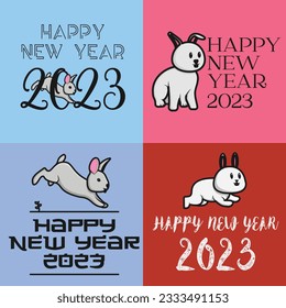 Set of Creative Concept of 2023 Happy New Chinese Year design. Creative Rabbit logo and text 2023. Holiday object icon concept. Collection of Happy new year, year of the rabbit vector design.