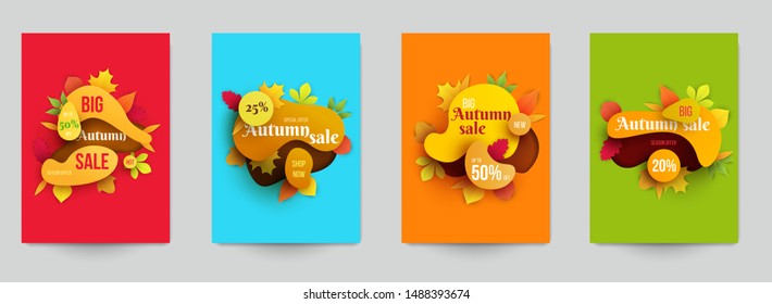 Set of creative concept with autumn sale banner with leaves in paper cut cartoon style. Template background for branding promotion company, design seasonal discounts. Colorful vector illustration.