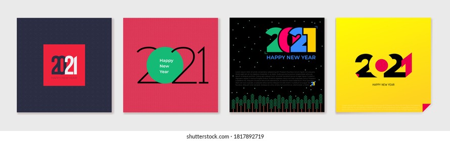 Set of creative concept Happy New Year of 2021 posters. Design templates with typography logo for celebration and season decoration. Vector illustration minimalistic trendy for branding, banner, cover