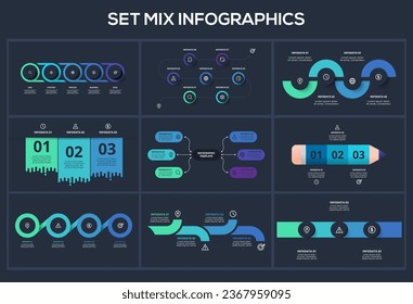 Set creative concept for infographic with 3, 4. 6, 7, 9 steps, options, parts or processes. Business data visualization.