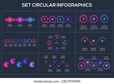 Set creative concept for infographic with 3, 4. 5, 6, 7 steps, options, parts or processes. Business data visualization.