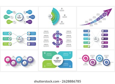 Set creative concept for infographic with 3, 4, 5, 6, 8, 10 steps, template for web on a black background.