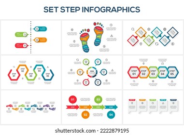 Set creative concept for infographic with 4, 5, 6, 8 steps, options, parts or processes.