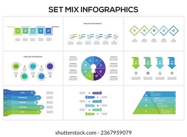 Set creative concept for infographic with 4. 5, 6, 8 steps, options, parts or processes. Business data visualization.
