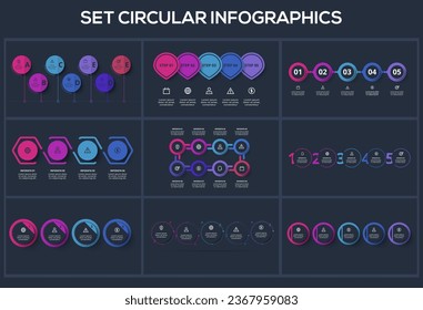 Set creative concept for infographic with 4, 5. 7, 8 steps, options, parts or processes. Business data visualization.