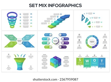 Establecer un concepto creativo para infografía con 4, 5. 6, 8 pasos, opciones, partes o procesos. Visualización de datos empresariales.