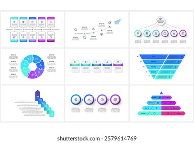 Set creative concept for infographic with 4, 5, 6, 7, 8, 10 steps, options, parts or processes.