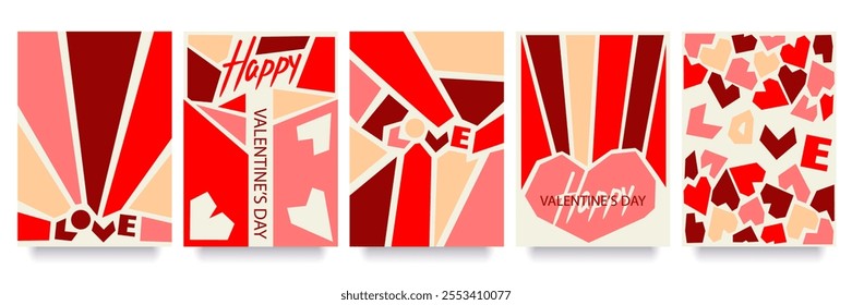 Set of creative concepts of Happy Valentines Day card. Modern abstract art design with hearts, geometric shapes. Template for celebration, ads, branding, flyer, banner, cover, label, poster, sales