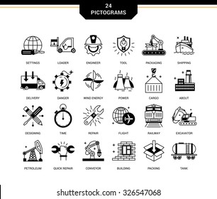 Set of creative contemporary icons in a linear style. Heavy industry, delivery of goods by land, air and sea transport, species by professional activities, railways, conveyer 