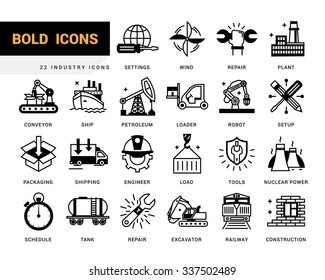 Set of creative contemporary icons in a linear style. Heavy industry, delivery of goods by land, air and sea transport, species by professional activities, railways, conveyer
