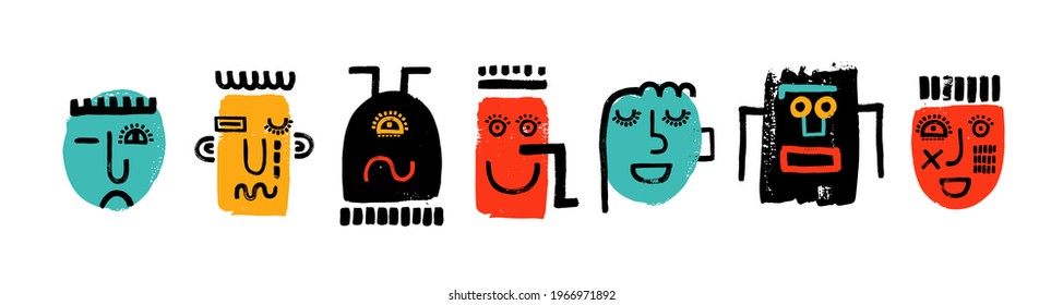 Set of creative cool faces with emotions. constructor elements, eyes, mouth,nose, ear.  Modern art character. Brush stroke. Grunge texture. Creatures design. 
